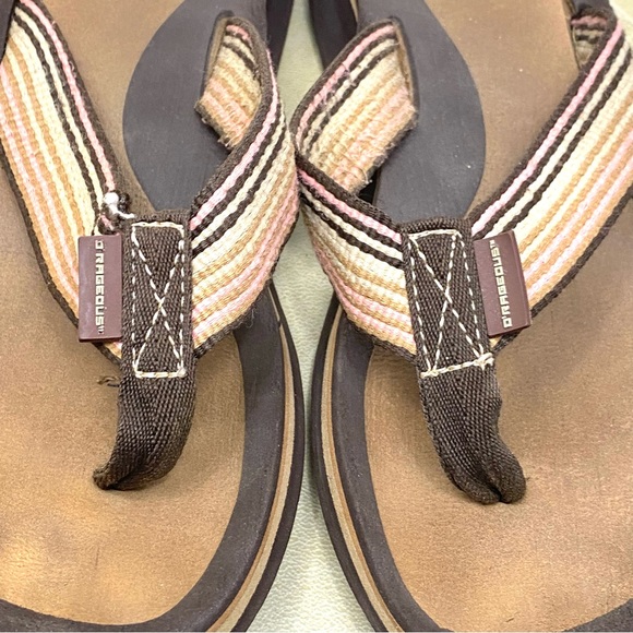 O’Rageous Thong Sandal Low Wedge Style Flip Flops Earthy Neutrals Canvas Stripe - Picture 11 of 15